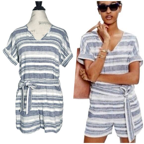 Madewell | Women | Perimeter Stripe Coastal Linen Blend Tie Waist Romper | Small - Picture 1 of 15